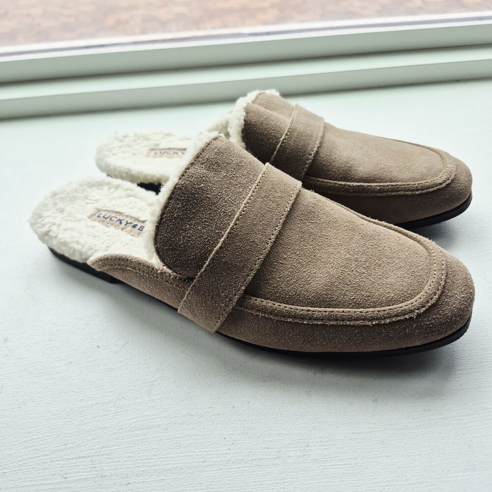 Lucky Brand Mule Slippers Womens Size 8 Tan Suede Sherpa Lined Slip On Loafer